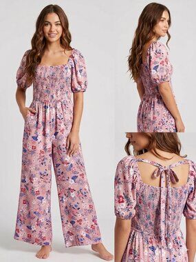 Floral Wide Leg Jumpsuit Pink Boho Smocked Puff Sleeve Square Neck Pockets M